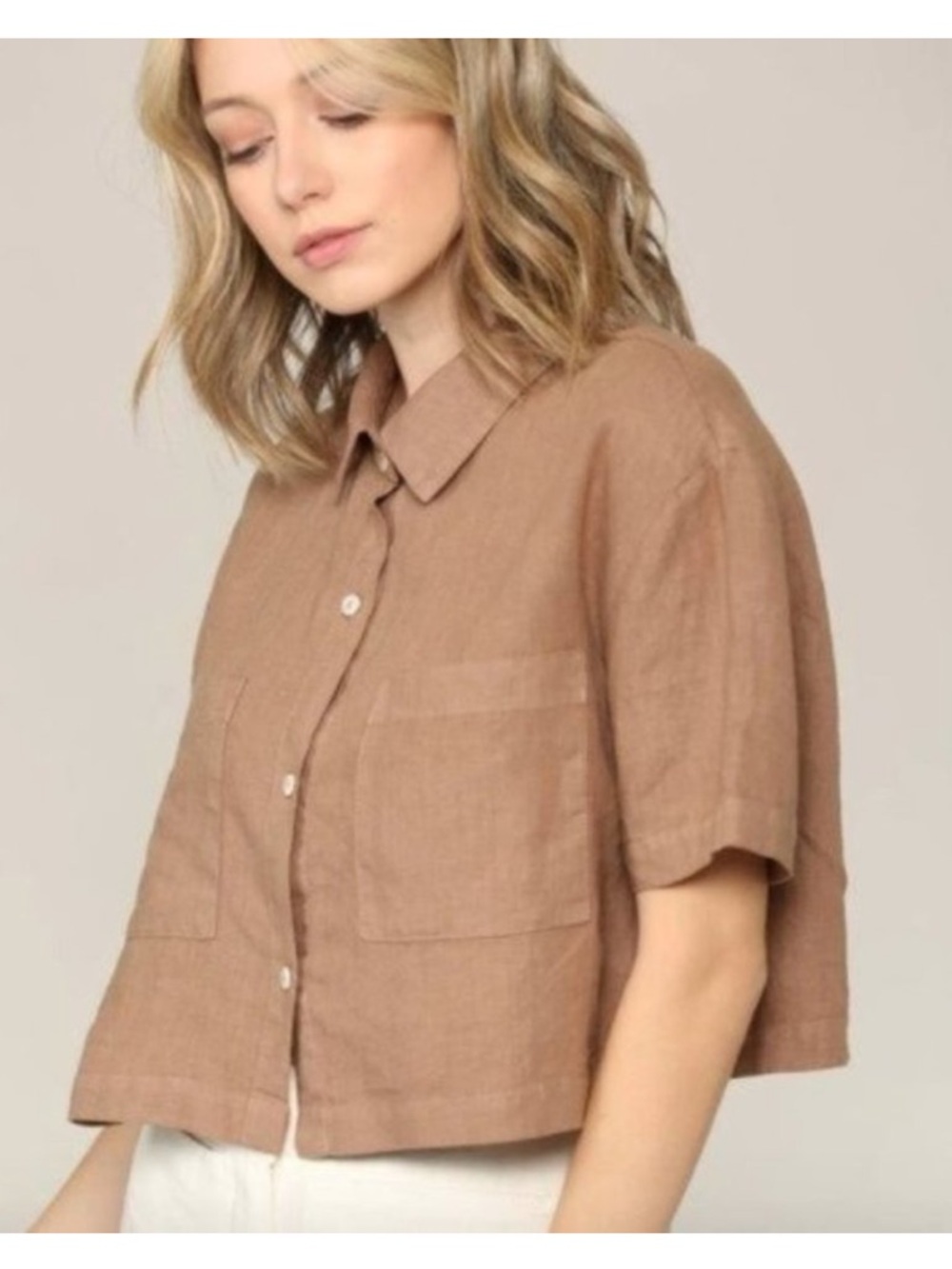 Filosofia 100% Linen Cropped Button Down Shirt beige brown M